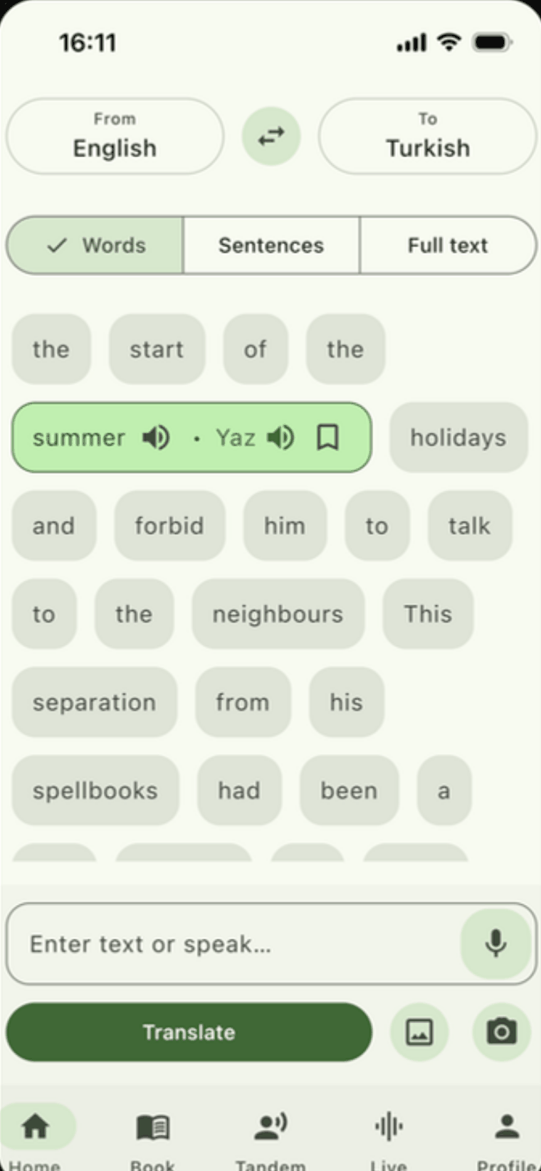 A scanned page translated word by word