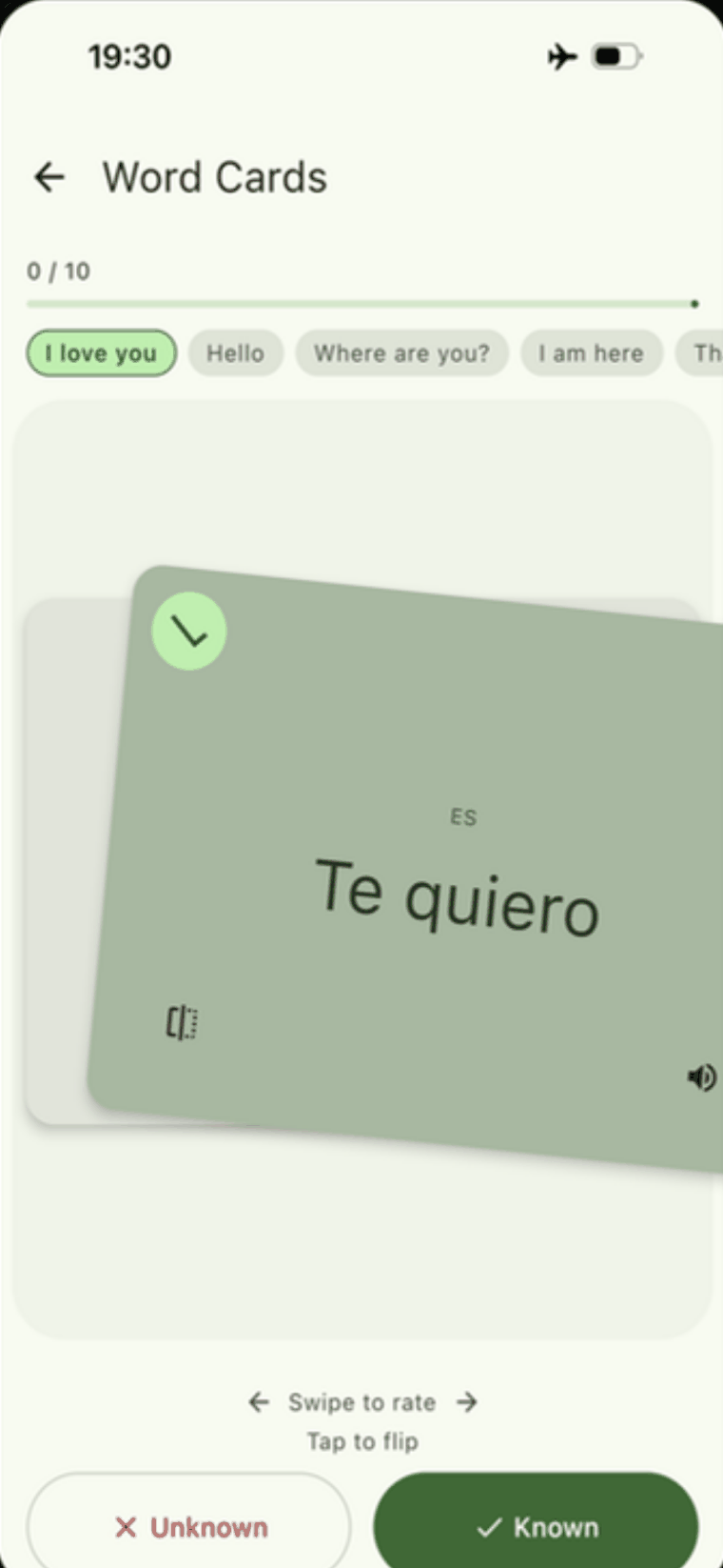 Word cards being reviewed in airplane mode