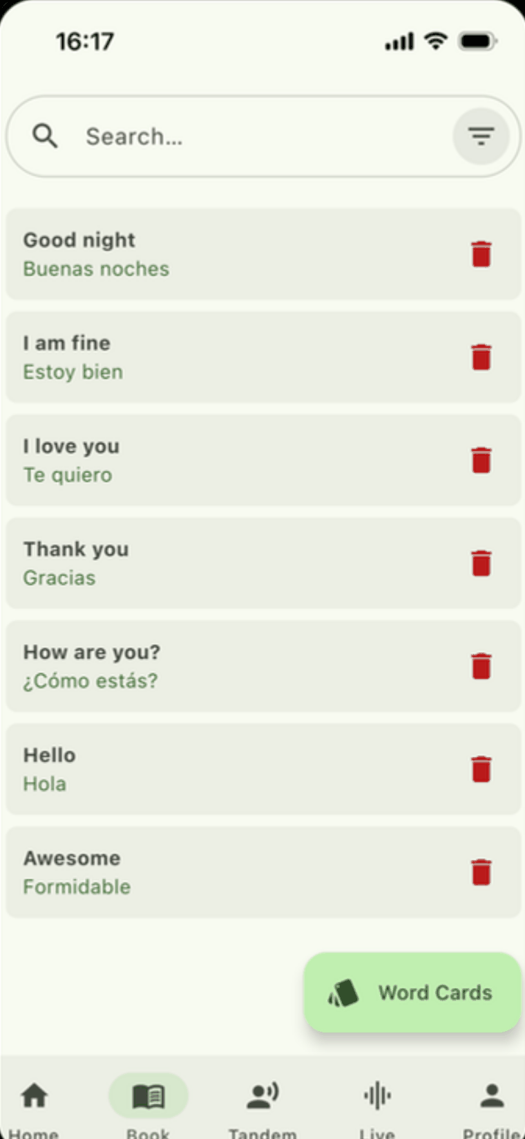 Saved vocabulary list with search